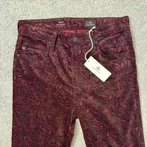 NWT AG THE IVA Velvet Red and Black Paisley High Rise Bell Bottom Jeans Size 30 - Picture 1 of 16